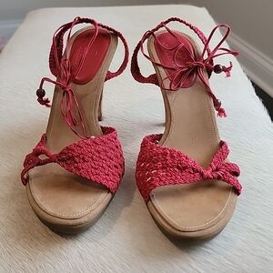 COLE HAAN Lyris Red Macrame Woven Sandal Rope Open Toe Ankle Wrap Cork Heel